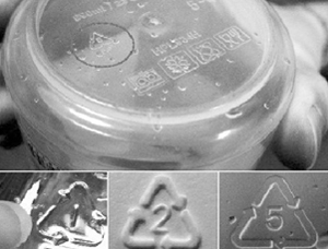 What markings should be present on the bottom of plastic cups before they leave the factory? Which markings are considered essential
