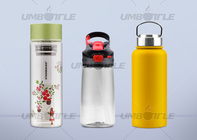 What are the characteristics of several commonly used materials for water bottles